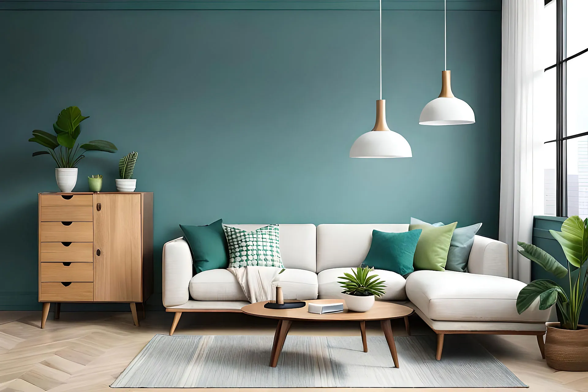 Grünes Wohnzimmer mit Parkettboden und weißen Sofa.