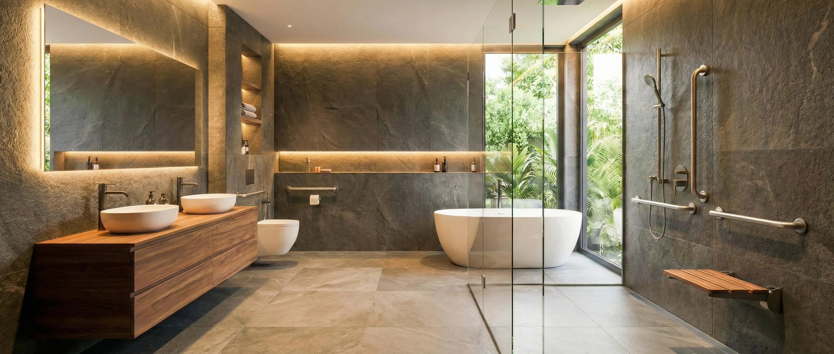 Modernes, barrierefreies Badezimmer mit zwei weißen Aufsatzwaschbecken auf einem Waschtisch aus Holz und einem beleuchteten Spiegel. Daneben eine wandhängende Toilette. Rechts eine freistehende Badewanne vor einem Fenster mit Grünblick. Der Duschbereich verfügt über eine Glasabtrennung, eine Handbrause, eine Kopfbrause, mehrere Haltegriffe und einen klappbaren Duschsitz aus Holz. Die Wände sind mit dunklen, die Böden mit hellen Natursteinfliesen versehen und es gibt indirekte Beleuchtung.