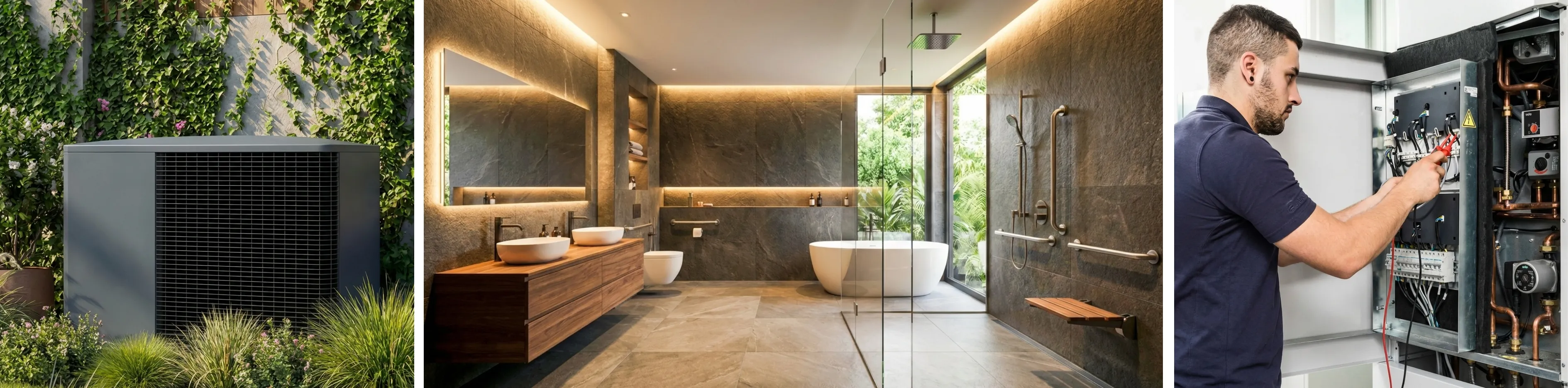 Modernes, barrierefreies Badezimmer mit dunklen Natursteinwänden und hellen Bodenfliesen. Links ein beleuchteter Spiegel über einem schwebenden Doppelwaschtisch aus Holz mit zwei weißen Aufsatzwaschbecken und schwarzen Armaturen. Eine wandhängende Toilette befindet sich daneben. In der Mitte steht eine freistehende weiße Badewanne vor einem großen Fenster mit Blick auf tropisches Grün. Rechts eine Walk-in-Dusche mit Glasabtrennung, Regendusche, Handbrause, mehreren silbernen Haltegriffen und einem klappbare