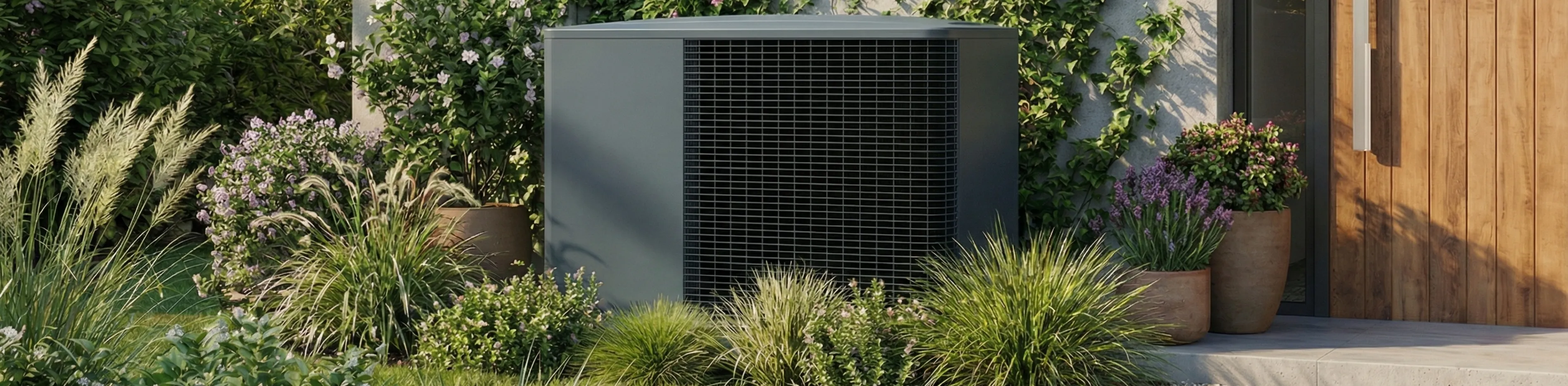 Dunkelgraue Wärmepumpe im Garten, umgeben von Gräsern und blühenden Sträuchern in Rosa und Weiß. Die Wärmepumpe steht vor einer mit Efeu bewachsenen Hauswand. Rechts führt ein Steinpfad mit Kies zu einer Holztür mit vertikalem, hellem Türgriff.
