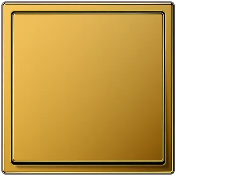 Ein quadratischer Lichtschalter der Serie LS-990 von JUNG in glänzendem Goldton, mit einem schlichten, modernen Design und leicht abgerundeten Kanten.