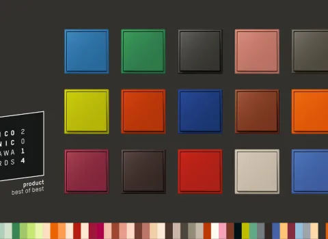 Farbiges Schalterdesign von JUNG nach der Le-Corbusier-Farbpalette, mit 16 verschiedenen Tönen, neben einem Bild von Le Corbusier.