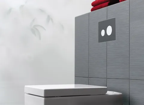 An der grau gefliesten Badezimmer-Wand ist eine runde, zweiknöpfige TECEloop-Betätigungsplatte angebracht, die einen minimalistischen Look erzeugt.