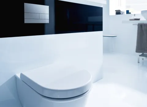 Badezimmer, über deren Toilette eine weiße TECEsquare-Betätigungsplatte auf einer schwarzen Wandplatte montiert ist.