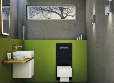Das Badezimmer verfügt über eine edle, schwarze TECElux-Spüleinheit, die an einer grünen Wand montiert ist, neben einem kompakten Waschbecken mit Holzablage.