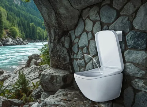 Eine Toilette ist in eine natürliche Felsnische direkt neben einem klaren Gebirgsfluss eingebaut und vermittelt einen surrealen Eindruck.