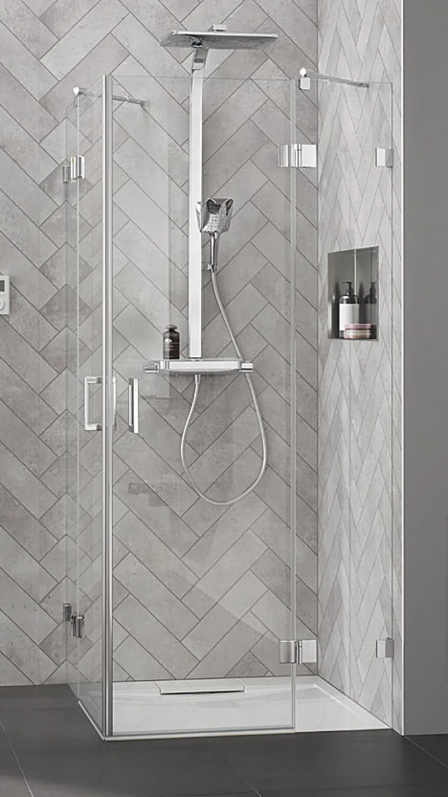 Dusche Aperto Pur vom Hersteller HSK mit Eckeinstieg im modernen Badezimmer.