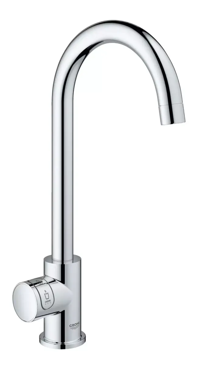 Grohe Blue Home Küchenarmatur mit hohem C-Auslauf und integriertem Wassersprudler in Chrom.