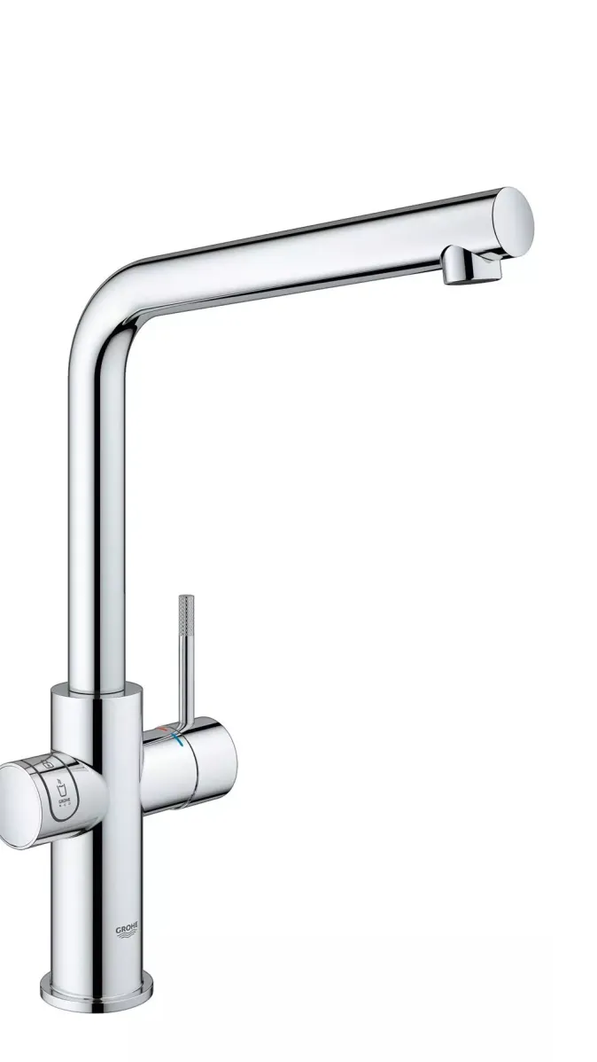 Grohe Blue Home Armatur mit U-förmigem Auslauf und separater Bedienung für Sprudelwasser.