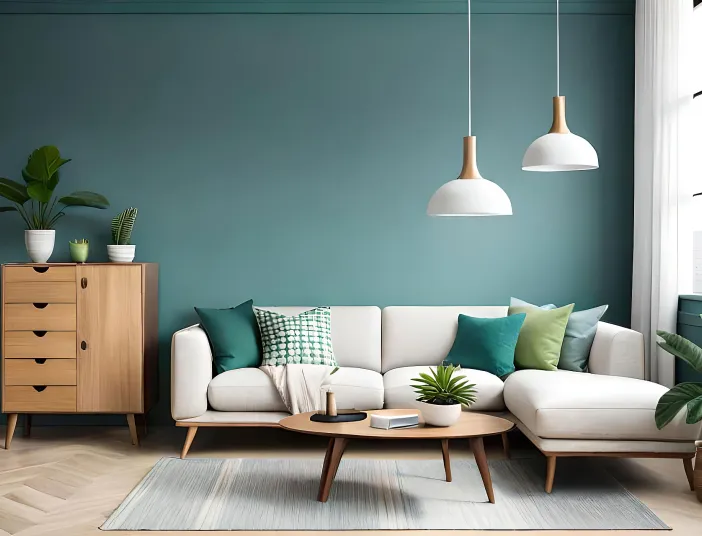 Grünes Wohnzimmer mit Parkettboden und weißen Sofa.