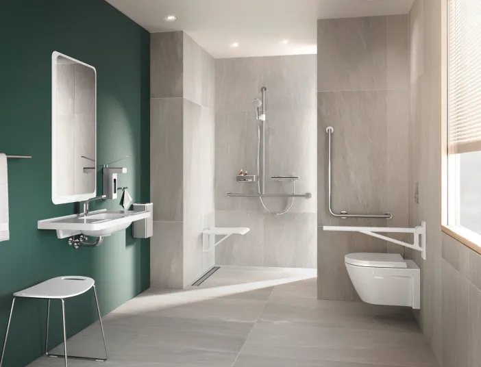 Barrierefreies Badezimmer mit Stützhaltegriffen, Dusch-WC und Walk-In-Dusche.