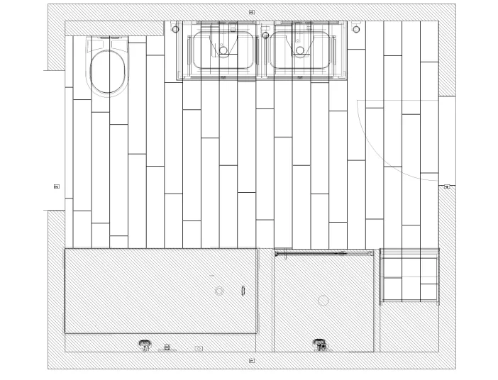 Grundriss des Landhausstil-Badezimmers mit Doppelbecken, Wandarmaturen und Fensterlicht.