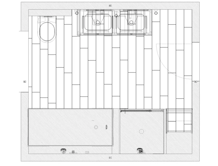 Grundriss des Landhausstil-Badezimmers mit Doppelbecken, Wandarmaturen und Fensterlicht.