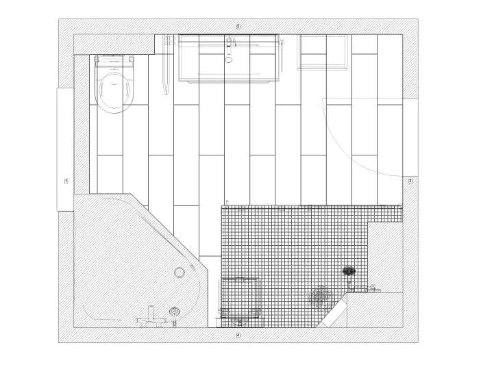 Technischer Grundriss eines Badezimmers mit eingezeichneter Dusche, Badewanne, WC, Waschtisch und Türöffnungen der Nessmann Bad & Heizung GmbH.