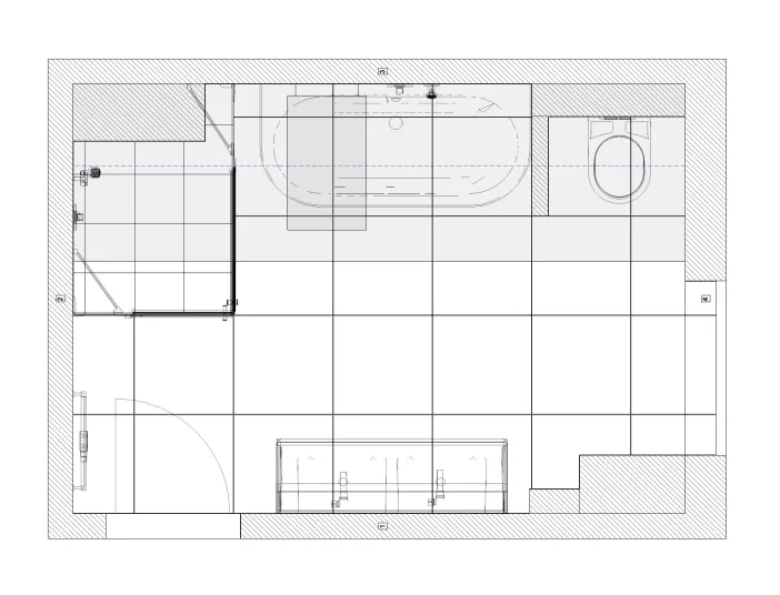 Technische Grundrisszeichnung eines Badezimmers mit Dusche, Badewanne, Doppelwaschtisch und WC als Planungsgrundlage der Nessmann Bad & Heizung GmbH.