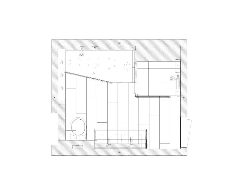 Technischer Badezimmergrundriss mit eingezeichneter Dusche, Badewanne, WC und Waschtisch als Planungsleistung der Nessmann Bad & Heizung GmbH.