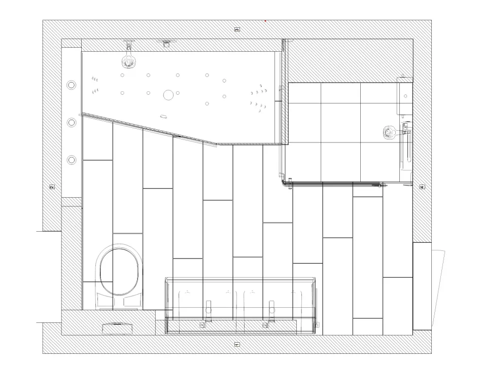 Technischer Badezimmergrundriss mit eingezeichneter Dusche, Badewanne, WC und Waschtisch als Planungsleistung der Nessmann Bad & Heizung GmbH.
