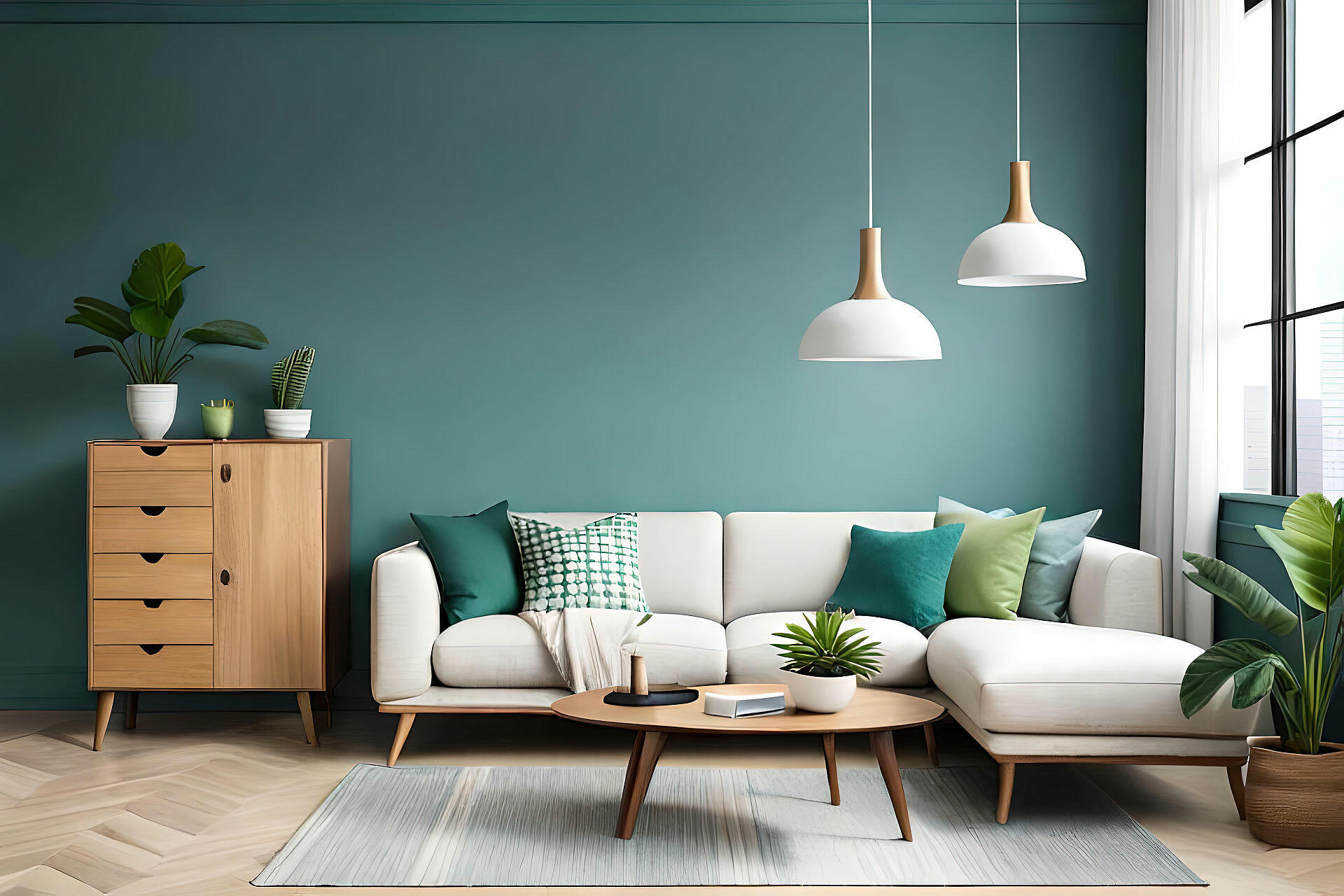 Grünes Wohnzimmer mit Parkettboden und weißen Sofa.